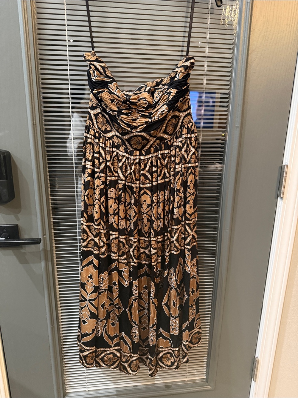 White House Black Market Black and Tan Strapless Printed Midi Dress